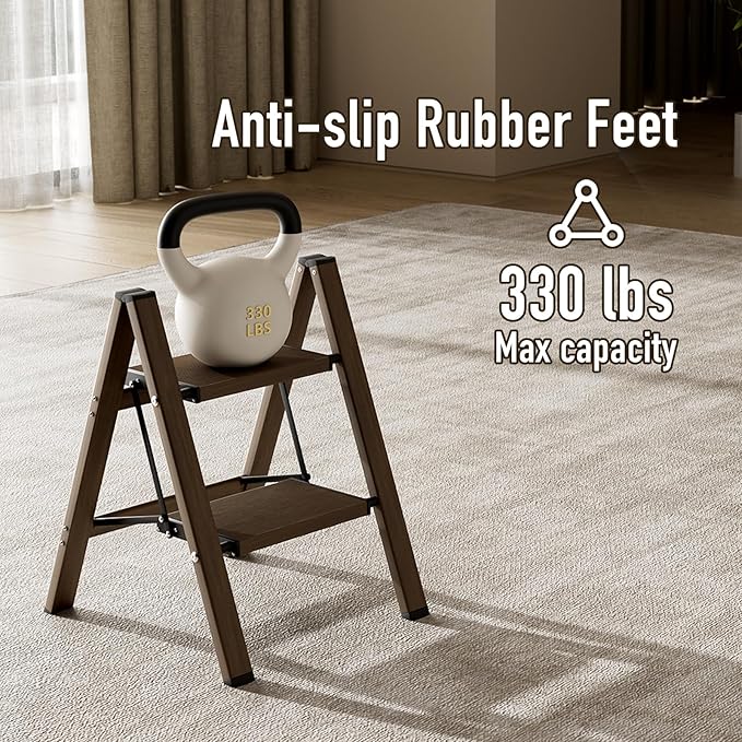 2 Step Ladder, Aluminum Folding Step Stool for Adults, Step Ladder with Wide Anti-Slip Pedal, 330 lbs Capacity for Home, Office, Kitchen, Library (Walnut)