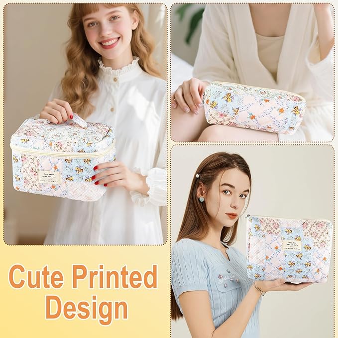 3Pcs Cotton Quilted Makeup Bag for Women Girls Large Small Travel Floral Cosmetic Bags Set Cute Coquette Makeup Pouch for Purse Aesthetic Cloth Bee&Flower Storage Toiletry Bag Organizer