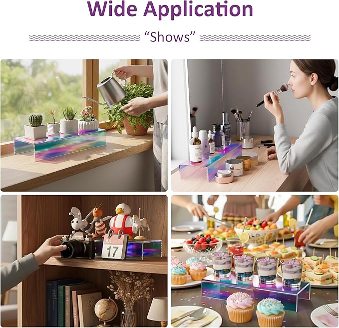 Acrylic Shelf Riser 12x4.3x2 pack of 2, Iridescent Display Shelf 12” for Shoes, Glasses, Plants, Home Decors, Perfume, 12x4.3x2 Inch