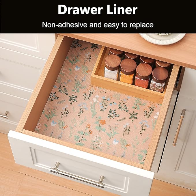 INNOLITES Shelf Liners for Kitchen Cabinets – Drawer Liner Waterproof & Oil-Proof, Non-Adhesive EVA with Floral Pattern – Durable Washable, Easy to Cut (Sage Green, 23.6" x 240")