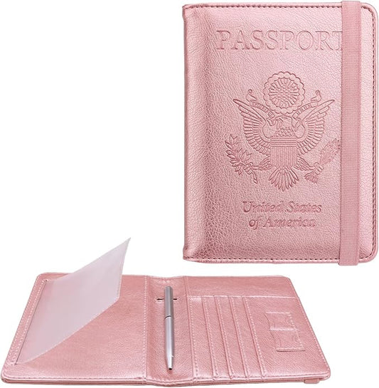 WALNEW Passport Holder for Travel, RFID Passport Cover Wallet for Women Men, PU Leather Passport Book Card Holder Case with Pen (Upgraded, Upgraded-Rosegold)