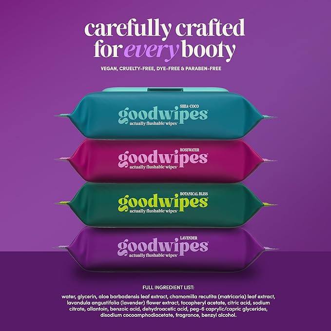 goodwipes Flushable Wipes - Lavender Wet Wipes for Adults, Sewer & Septic Safe, Guest Bathroom Essentials for Women & Men, pH Balanced & Extra Large, 153 Count (3 Packs and 3 Singles)