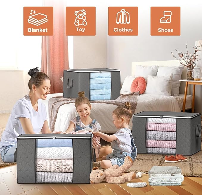 Budding Joy 90L Large Storage Bags, 10 Pack Clothes Storage Bins Foldable Closet Organizers Storage Containers with Reinforced Handle for Clothing, Blankets, Comforters, Bed Sheets, Pillows (Gray)