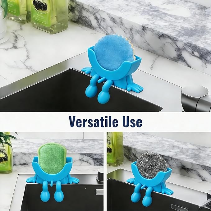 Cute Hanging Sponge Holder with Drainage, 3D Printed Kitchen Funny Sponge Stand for Sink, with Non-Slip Pads, Suitable for Scrub Daddy Holder, Keeps Your Sponge Dry and Smiling (Blue)
