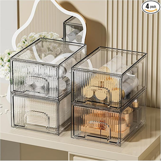 ZHIAI 4 Pack Clear Stackable Storage Drawer, Acrylic Drawer, Cosmetic Organizer, Plastic Organizer for Dresser, Under, Kitchen Cabinet, Pantry, Home Organization and Storage
