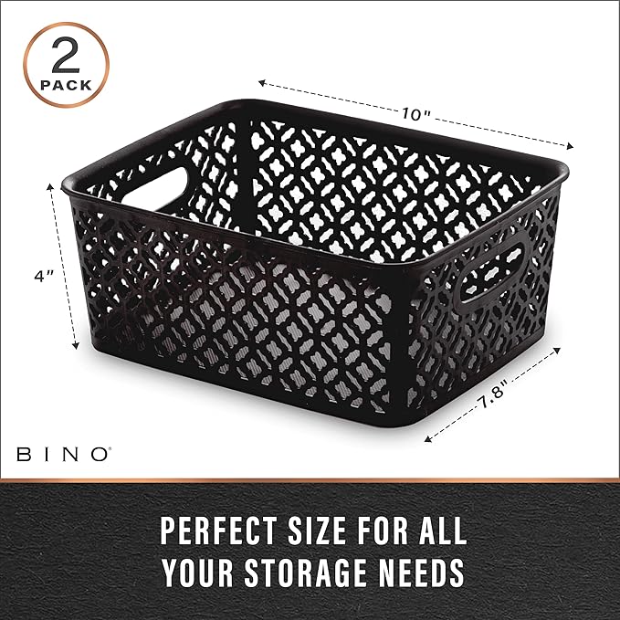 BINO l Plastic Storage Baskets, Medium - Black | THE BLOSSOM COLLECTION l Multi-Use Organizer Bin l Built-in Handles l Plastic Woven Basket for Organizing l Pantry & Home Organizing Basket
