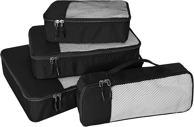 4-Piece Packing Cubes Travel Accessories Set for Suitcases - Luggage Organizer Bags with Double Zipper - Mesh Top - Small/Medium/Large/Slim - Black