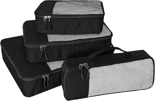 4-Piece Packing Cubes Travel Accessories Set for Suitcases - Luggage Organizer Bags with Double Zipper - Mesh Top - Small/Medium/Large/Slim - Black