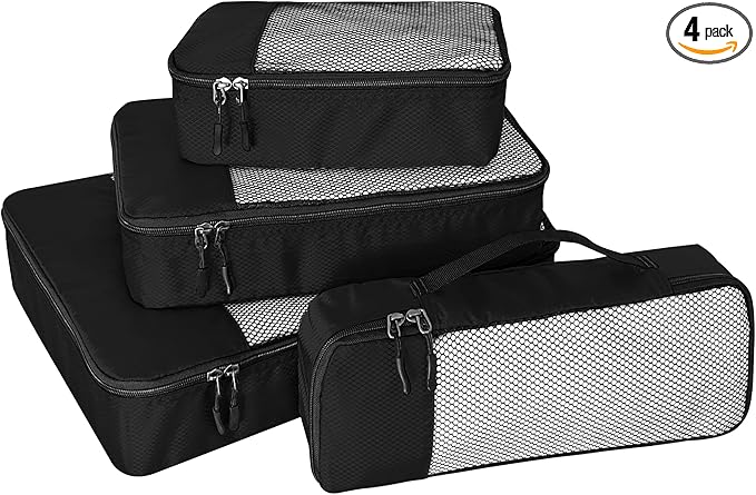 4-Piece Packing Cubes Travel Accessories Set for Suitcases - Luggage Organizer Bags with Double Zipper - Mesh Top - Small/Medium/Large/Slim - Black