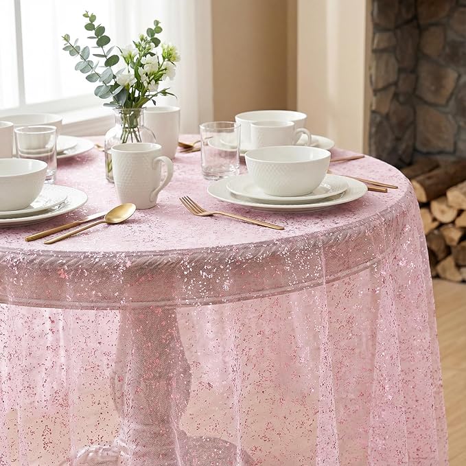Horaldaily Pink Gold Gauze Tablecloth 60x60 Inch Round, Pink Sequin Glitter Metallic Foil, Sheer Tulle Cheesecloth for Wedding Baby Shower Ceremony Birthday