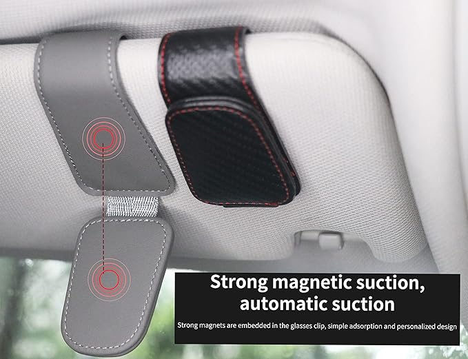 Magnetic Leather Sunglass Holder for Car, Sunglasses Clip for Car Visor, Auto Interior Accessories Universal for Different Size Eyeglasses (Grey)