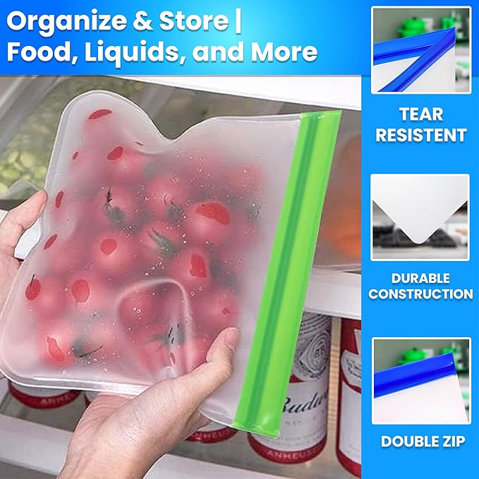 24-Pack Reusable Silicone Food Storage Bags – BPA-Free, Leakproof Ziplock Set | Includes 8 Small, 8 Medium & 8 Large | Freezer-Safe & Eco-Friendly for Kitchen, Meal Prep & Travel