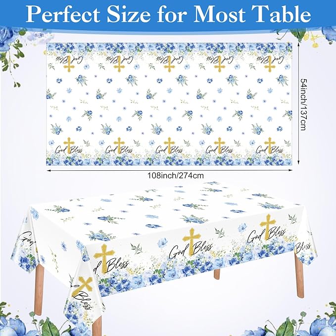 Ganeen 3 Pcs Baptism Tablecloth First Holy Communion Tablecloth Blue Boy God Bless Disposable Plastic Waterproof Cross Table Covers for Christening Baby Shower Religious Decor, 54 x 108 Inch