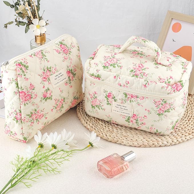 2Pcs Cotton Quilted Makeup Bag for Women Extra Large Small Travel Cosmetic Bag Set Cute Pink Floral Print Makeup Pouch Portable Toiletry Bag Organizer Coquette Vintage Puffy Travel Essential