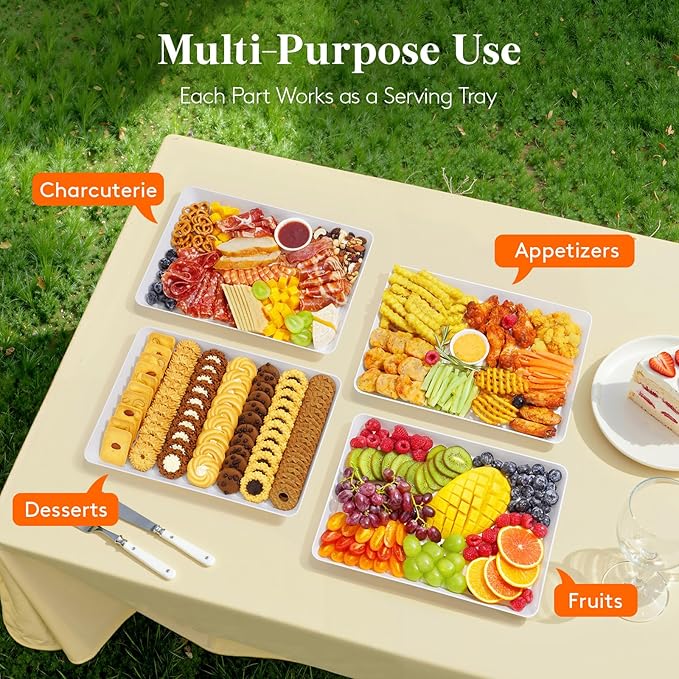 Lifewit Plastic Serving Tray for Party, 4 Pcs White Trays for Serving Food, Reusable Platters for Buffet, Fruit, Cookie, Charcuterie, Appetizer, Snack, Rectangle, New Year Party Supplies, BPA Free