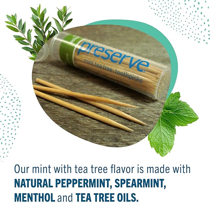 Preserve Toothpicks Refreshing Natural Mint Tea Tree Flavored Toothpicks for Fresh Breath Teeth & Gums - Sustainably Harvested Birch Wood - 3 Travel Cases (105 Picks)