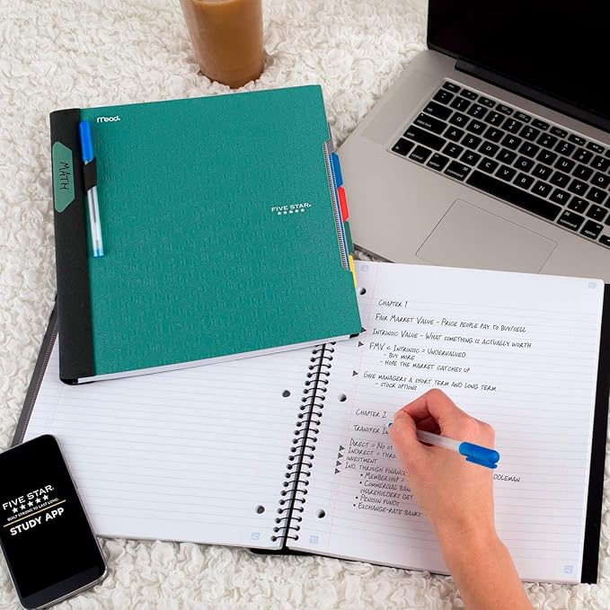 Five Star Advance Spiral Notebook + Study App, 5 Subject, College Ruled Paper, 8-1/2" x 11", 200 Sheets, Spiral Guard, Movable Tabbed Dividers, Seaglass Green (73148)