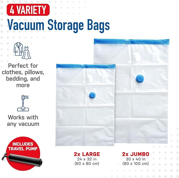 4 Pack Variety Vacuum Storage Bags for Comforters, Blankets & Clothes – Vacuum Sealed Compression Bags with Hand Pump – Space Saver Storage Bags for Bedding, Moving, Travel & Organization (2L & 2XL)