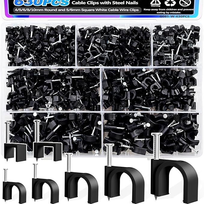 mxuteuk 630PCS Cable Clips with Steel Nails, 4/5/6/8/10mm Round and 5/6mm Square Black Cable Wire Clips, Wall Clips for Cords, Cable Cord Clips for RG6 RG59 CAT6 RJ45