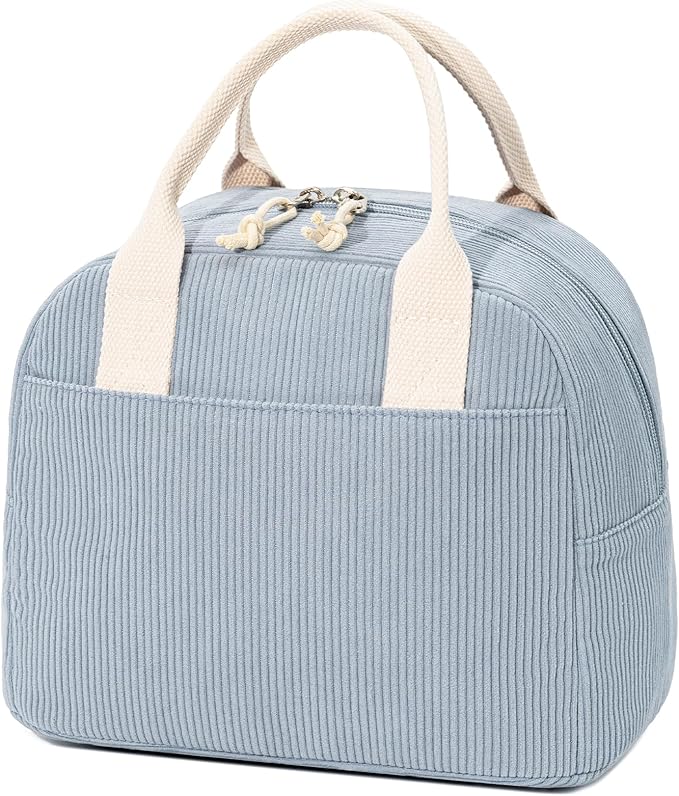 LOVELYWIND Insulated Lunch Bag for Women Men, Stylish Corduroy Tote Bag with Aluminum Lining, Large Capacity Reusable Cooler for Work, Travel, or Beach, Dusty Blue Lunch Box