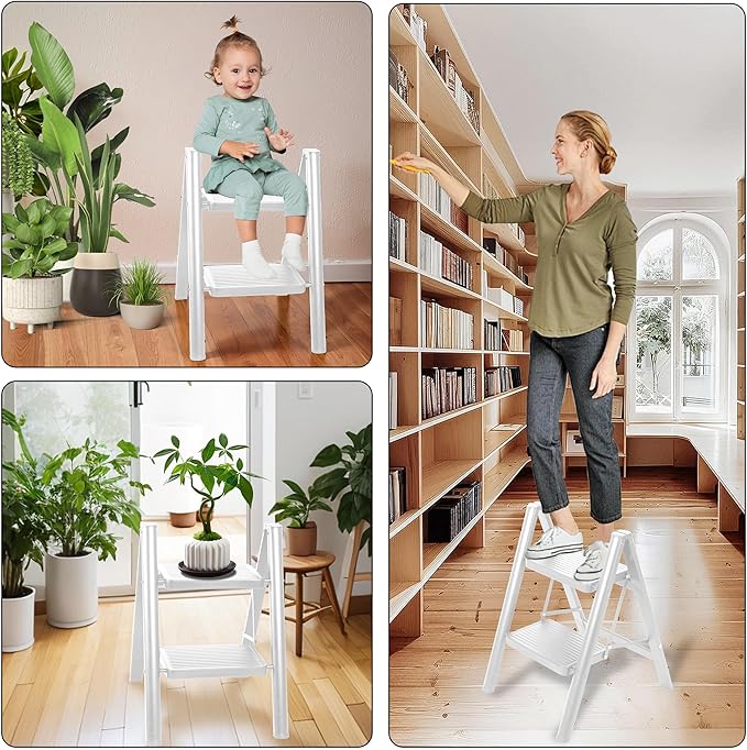 2 Step Ladder, Portable Folding Step Stool with Sturdy Carbon Steel Metal, 330LB Capacity, Non-Slip Wide Pedal, ladders for Home, Kitchen, Closet, Bookshelf, Adult (Milk White)