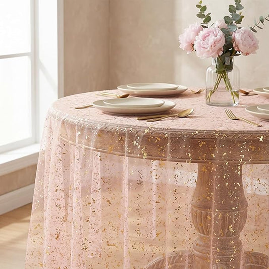 Horaldaily Pink Gold Gauze Tablecloth 60x60 Inch Round, Golden Sequin Glitter Metallic Foil, Sheer Tulle Cheesecloth for Wedding Baby Shower Ceremony Birthday