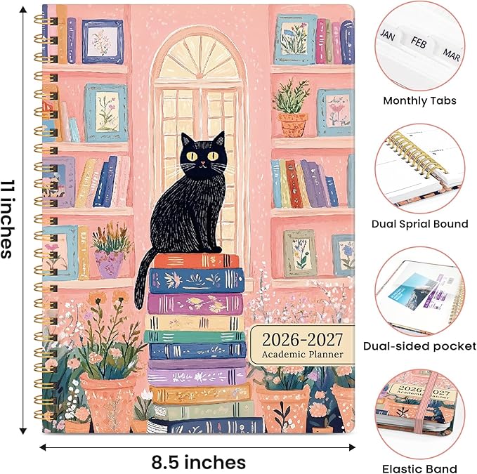 Academic Planner 2026-2027, Weekly and Monthly Calendar Book, July 2026 – June 2027, Hardcover Planner with Tabs, Perfect for Teachers, Students, Women & Men, A4 (8.5" x 11") - Cat
