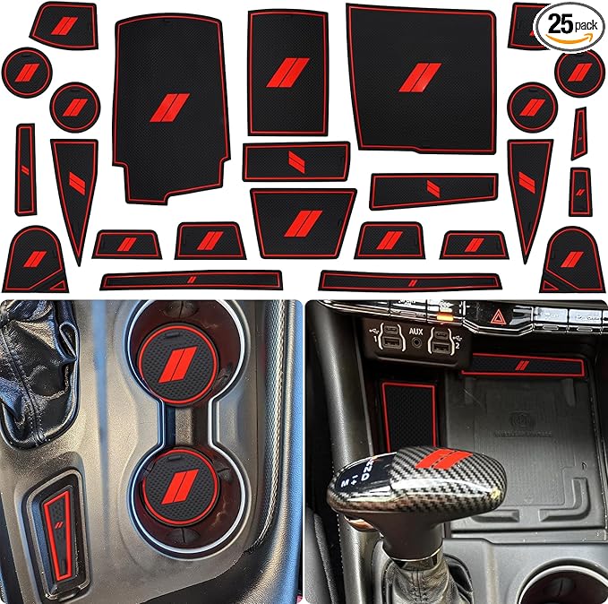 Center Console Liner for Dodge Durango 7-Seater Accessories 2021-2023 2024 2025 2026, Cup Holder Mat, Door Slot Pad, Coaster Trim, Non-Slip Dust Interior, Custom Rubber Insert (25pcs, Red)