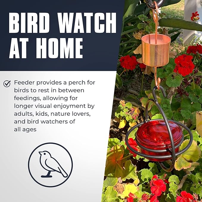 Monarch Abode Hanging Hummingbird Feeders for Outdoors – Single Handcrafted Hanging Glass Hummingbird Feeder with Red Bowl & Perch, Decorative Humming Bird Feeders for Outdoors Garden Patio Deck