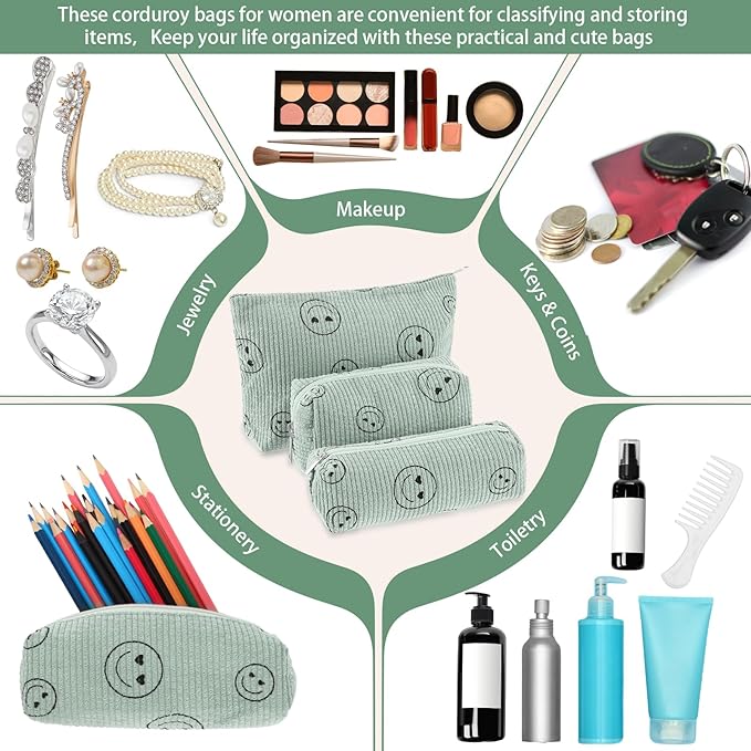 3 Pcs Makeup Bag Set for Women Corduroy Cosmetic Pouch Aesthetic Smile Travel Toiletry Bag Cute Purse Pouch Pencil Case Makeup Brushes Storage Organizer for Christmas(Green,Smile Face)