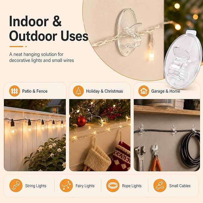 Hooks Lights Clips Outdoor String - 3X Stronger Adhesion 40Pcs Clear Heavy Duty Hangers Waterproof Adhesive - Sticky Removable 0 Residue No Drill Indoor Garage - for Patio Fence Gutters Wall Christmas