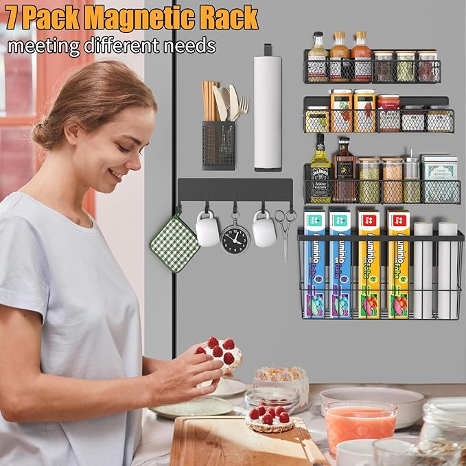 Magnetic Spice Rack for Refrigerator, 7 Pack 100% Metal Strong Magnet Shelf, Spice Organizer W/ Paper Towel Holder, Hook Rack, Utensil Caddy & Cutting Board Holder, Home Kitchen Organization (Black)