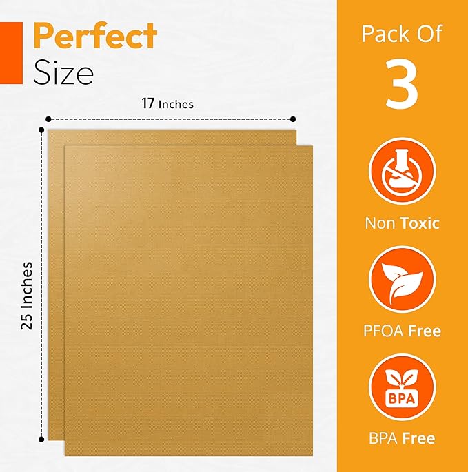 Gold 2 Pack Large Thick Heavy Duty Non Stick Teflon Oven Liners Mat, 17"x 25" BPA and PFOA Free, for Bottom of Electric Oven Gas Stove Microwave Charcoal or Gas Grills
