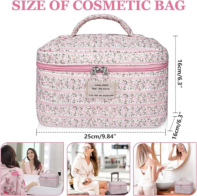 Large Makeup Bag, Cute Cosmetic Bag for Women Girls, Floral Coquette Aesthetic Toiletry Bag, Travel Make Up Organizer Bag(Small Pink Floral