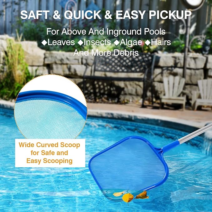 Pool Skimmer - Pool Skimmer Net with 5 Aluminum Pole Sections 64'', Skimmer Net with Fine Mesh Net for Cleaning Leaf of Swimming Pools, Spas, Hot Tubs and Fountains