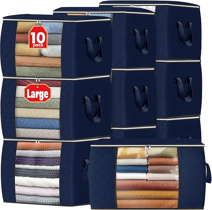 Fab totes 24 Gallons Clothes Storage, Foldable Thick Fabric Blanket Storage Bags, Containers for Organizing Bedroom, Closet, Clothing, Comforter, Organization with Handle (10 Pack, Blue)