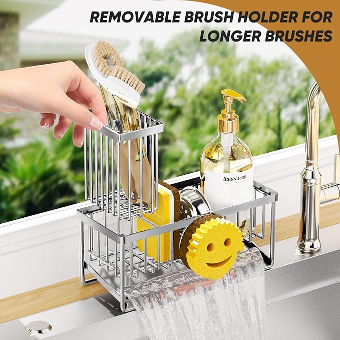 Sponge Holder for Kitchen Sink, Smiley Face Sink Caddy with Removable Brush Holder, Self-Draining Sponge Caddy for Soap, Dish Brush, Scrubber, Kitchen Essentials and Gadgets - Silver