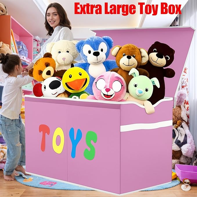 Toy Box Chest, Collapsible Sturdy Storage Bins with Lids, Extra Large Kids Toy Storage Organizer Boxes Bins Baskets for Kids, Boys, Girls, Nursery Room, Playroom, Closet (Classical Pink)