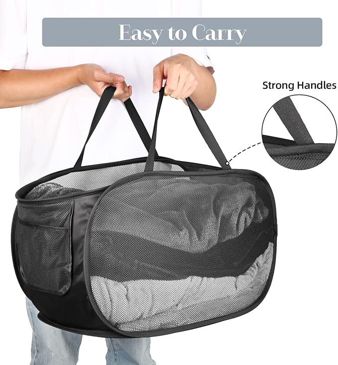 4 Pack Collapsible Laundry Baskets, Foldable Laundry Basket with Pocket, Durable Pop Up Hampers, Reinforced Handles Dirty Clothes Hamper for Laundry, Bedroom, Bathroom, Dorm, Travel or Camping Black