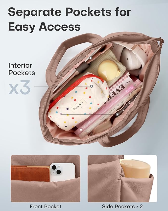 HOTOR Puffer Tote Bag for Women, Nurses - Multi-Pocket Lightweight Bag for Work - Quilted Handbag for Travel and Gym