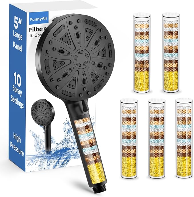 Filtered Handheld Shower Head, 9 Spray Modes High Pressure, 5 Replacement Filters Included, Hard Water Softener 20-Stage Filtration, Remove Chlorine, Relieve Dry Itchy Skin, 5 Filters-Black