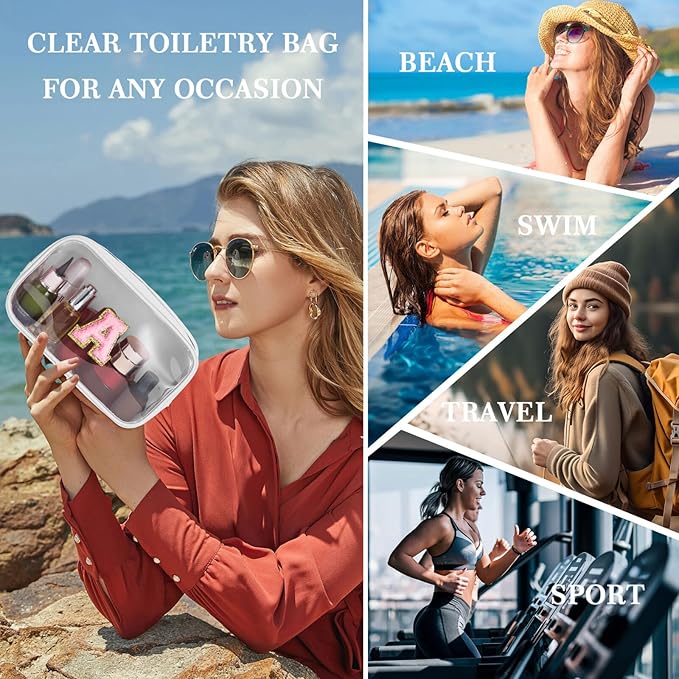 YOOLIFE Initial Makeup Bag Travel Toiletry Bag Clear Makeup Bag Preppy Cosmetic Bag Gifts for Girls Kids Graduation Gifts Birthday Gifts for Girls Kids Birthday Gifts Swim Gifts White L