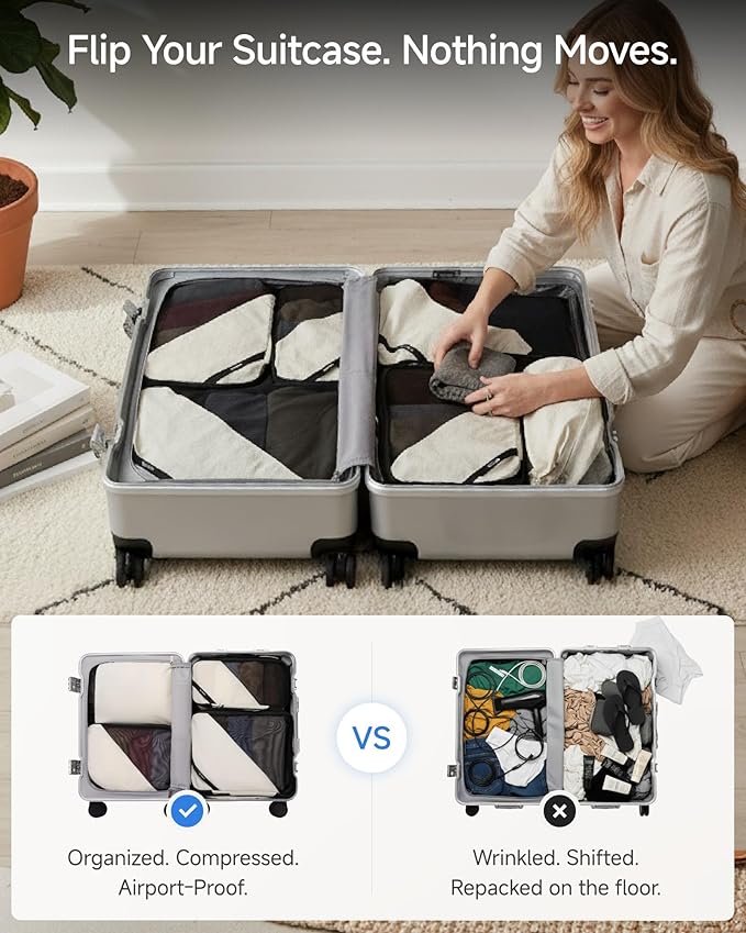 LUGGEX 4 Set Compression Packing Cubes for Travel, POX01 Luggage Organizers Bags, Suitcase Organizer with Shoe Bag Travel Accessories Essentials for Carry on & Checked (POX-Core, Beige)