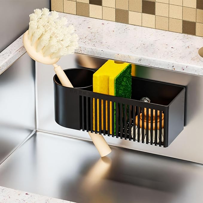 SUOXING Rustproof Sponge Holder for Kitchen Sink, 2-in-1 Dish Wand Holder with Suction Cup and Adhesive for Scrub Brush, Scrubber, Dish Sponge, Sponge Holder, In Sink Organizer & Basket Accessories, Plastic