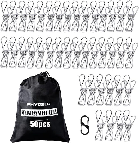 (50PCS) Stainless Steel Laundry Clothes Pins Heavy Duty Outdoor, Clothespins for Hanging Clothes, Metal Clips, Metal Snack Bag Chip Clips for Food Packages, Mini Clothes pins
