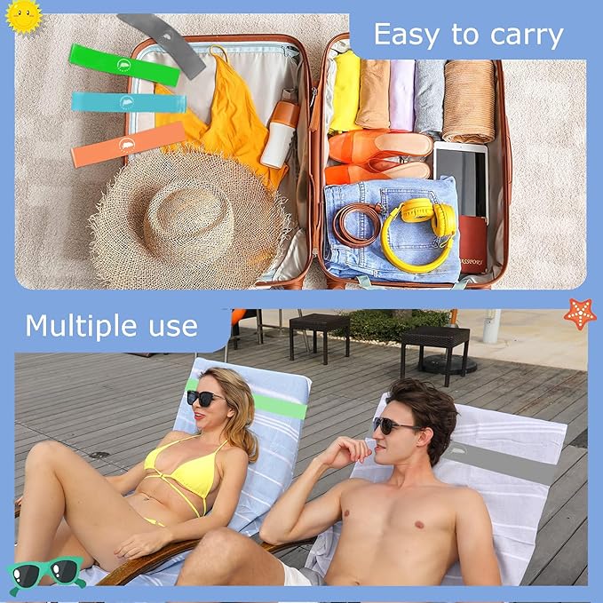 Towel Bands (6 Pack) - Stretch Beach Towel Clips for Beach Cruise Pool Chairs, Lounge Towel Holder Elastic, Cruise Ship Essentials (Green & Orange & Gray)