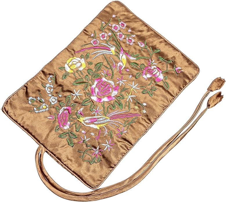 TUMBEELLUWA Embroidery Travel Jewelry Bag Roll Embroidered Flower and Bird Brocade Organizer with Tie Close