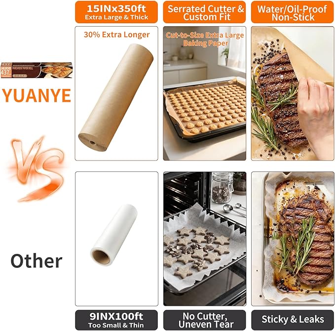 Unbleached 15x350 ft Parchment Paper Roll, 437 Sq.Ft, Non Stick Brown Extra Long Baking Paper Sheets with Serrated Cutter for Cooking, Baking, Grillin, Steaming Bread Cookies, Oven/Air Fryer/Microwave