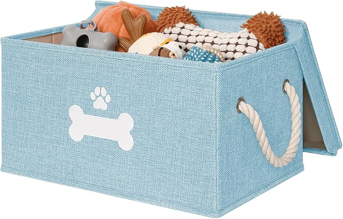 Dog Toy Basket with Lid, Dog Basket for Toys, Dogs Toy Box with Cotton Rope Handles, Collapsible Storage Bins for Pet Toys, Dogs Storage Organizer, Blue