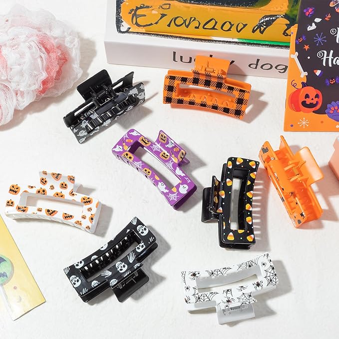 PANTIDE 8Pcs Halloween Hair Claw Clips for Women Girl - Spooky Spider Pumpkin Ghost Witch Hat Rectangle Nonslip Banana Hair Clips, Thin Thick Short Long Curly Accessories, Halloween Costume Party Gift